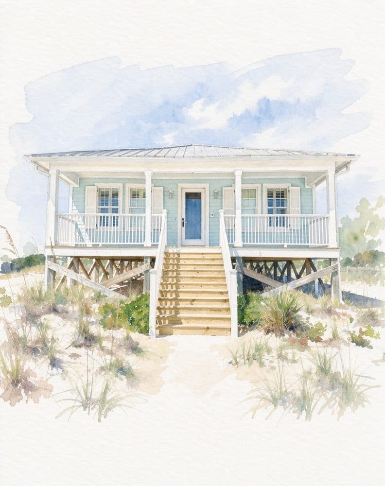 Watercolor portrait of a beach cottage