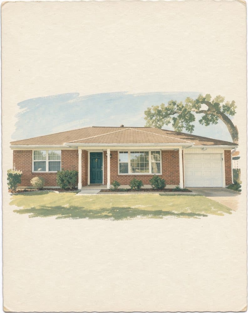 Vintage Postcard portrait of a brick ranch