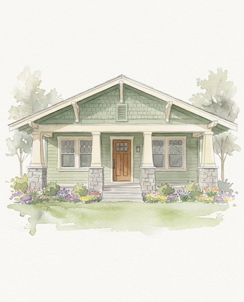Watercolor portrait of a sage-green craftsman bungalow with a stone-pillared porch