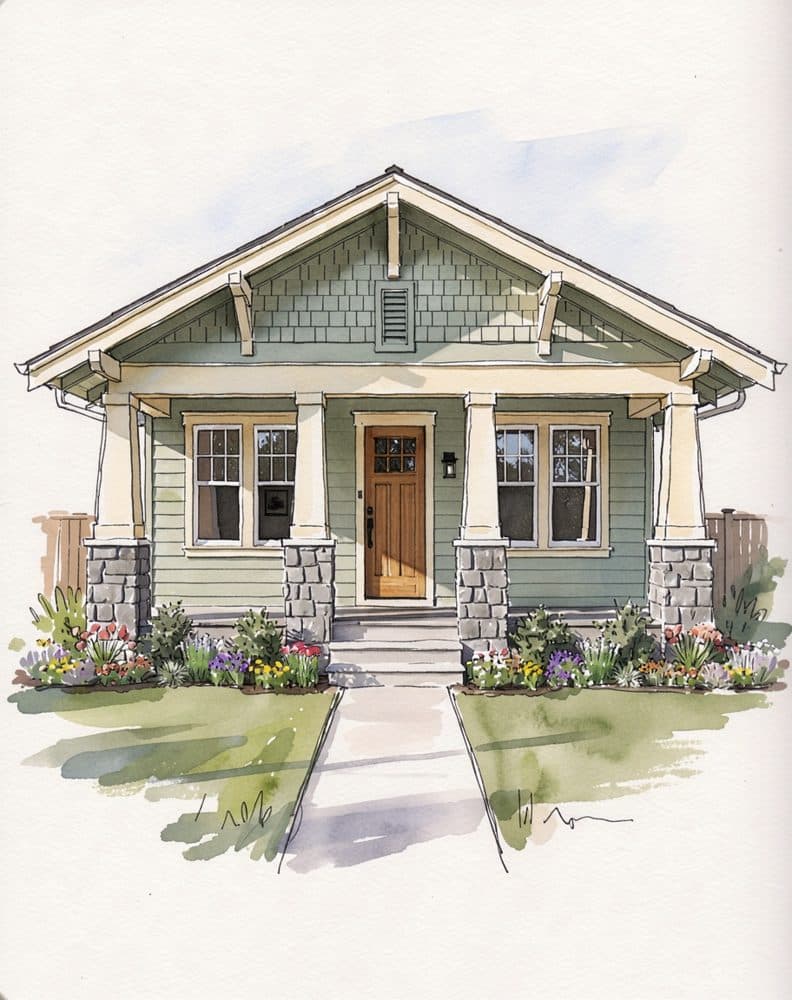 Ink & Color Wash house portrait